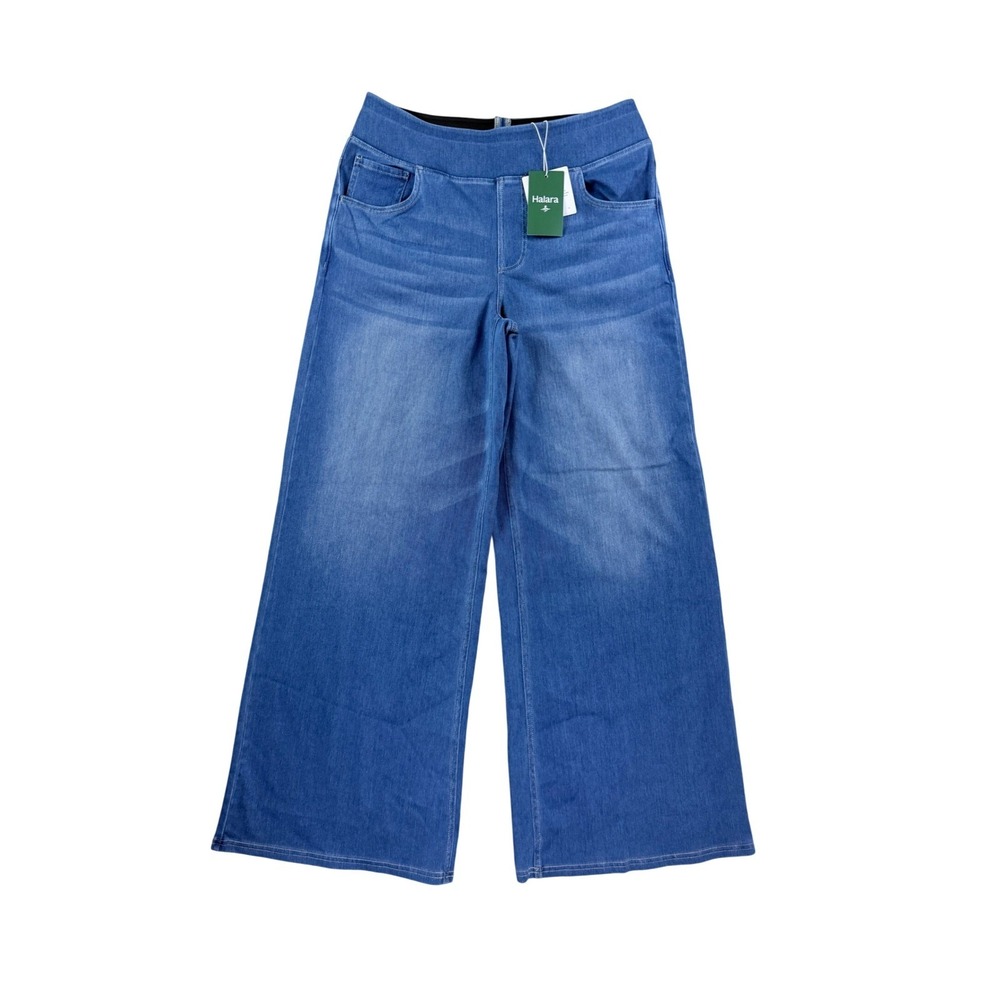 Halara Flex Denim Wide Leg Pants Women Large Blue High Rise Pull On Athleisure - Picture 1 of 11